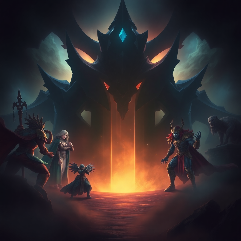 League of Legends gaming background with dark atmospheric lighting and champions